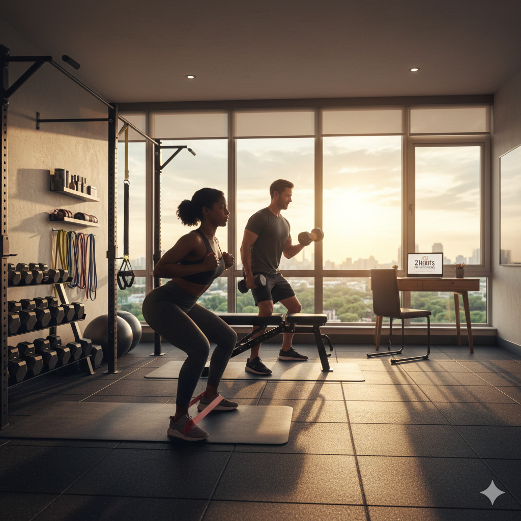 Ein Mann und eine Frau trainieren konzentriert in einem modern eingerichteten Home Gym mit Hanteln und Widerstandsbändern bei Sonnenuntergang.