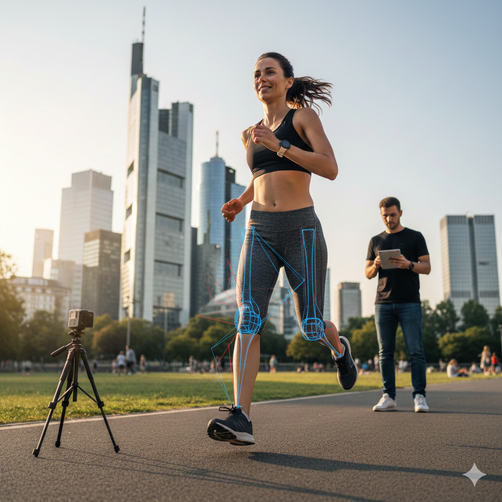 Eine Läuferin bei der professionellen Video-Laufanalyse in Frankfurt am Main mit Coach und technischem Equipment vor der Skyline.