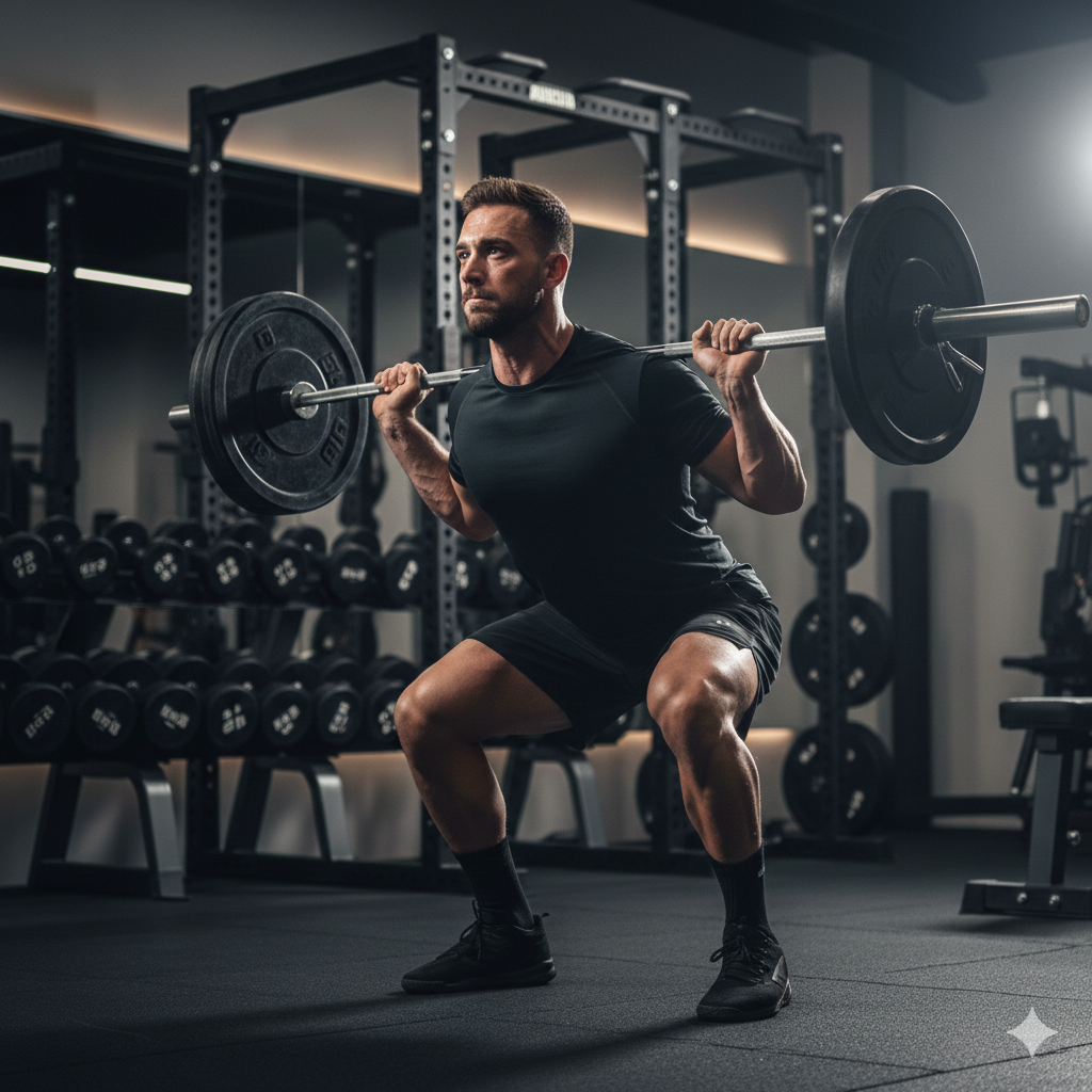 Ein Athlet führt konzentriert Kniebeugen mit einer Langhantel in einem modern ausgestatteten Fitnessstudio aus, um progressiven Muskelaufbau zu trainieren.
