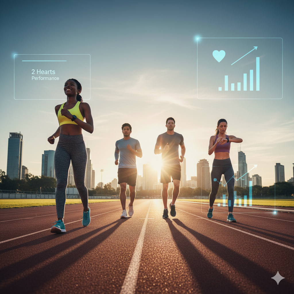 Eine Gruppe motivierter Läufer auf einer Laufbahn bei Sonnenaufgang vor einer urbanen Skyline, die ihre Fortschritte mit Smartwatches tracken.